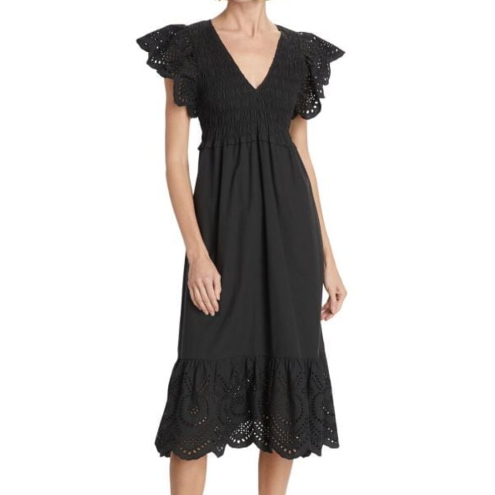 Rails Clementine Eyelet Smocked Cotton Blend Midi Dress, Black, Size M